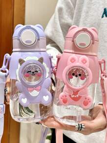1PC 600ml/20.29oz Cartoon Plastic Water Bottle, Cute Straw Cup With Strap, Portable Water Bottle For Sports, Fitness, Outdoor Travel, Back To School Supplies, Christmas Gifts, Creative Gifts