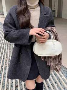 经典双排扣全羊毛大衣——秋冬女士通勤休闲风格 - 黑色 - 查看 3