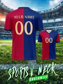 定制球衣，巴塞罗那，透气快干 210G 春夏男女款短袖 T 恤，球队/俱乐部训练 V 领足球运动上衣，正面和背面印有姓名号码标志，舒适贴合日常、休闲、派对 - 彩色 - 查看 2
