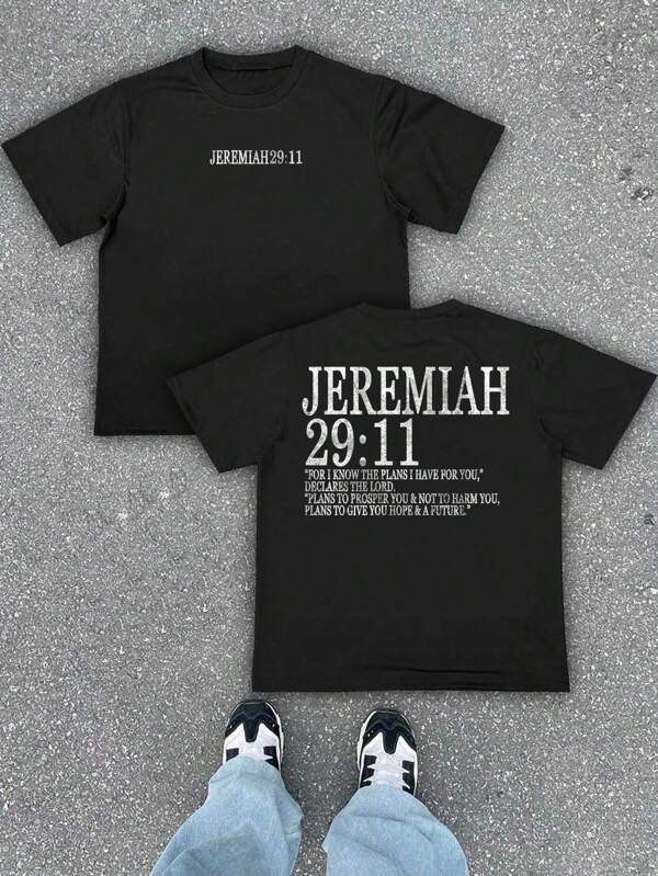 1 pieza Camiseta de cuello redondo holgada y caída para hombre, con estampado gráfico y texto bíblico impreso por ambos lados, de estilo joven casual adecuado para ir al trabajo, un gran regalo para el novio