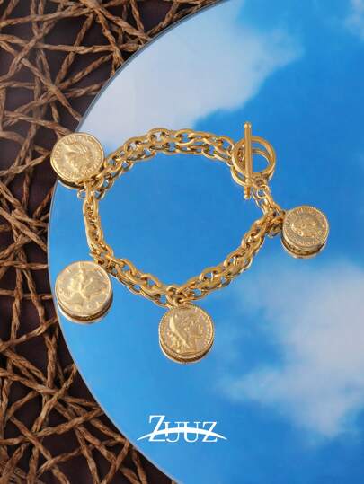 1 pièce Bracelet en acier inoxydable de style bohème pour femmes avec breloques médailles. Bracelet à chaîne de pièces, cadeau pour fête. Convient pour le port quotidien des femmes.