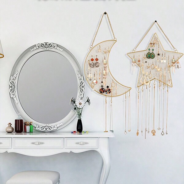 1pc Jewelry Display Stand, Earring & Bracelet Rack, Star & Moon Shaped Wall Mount Iron Grid Display Holder, Holiday Personalized Home Decor, Comes With Hooks