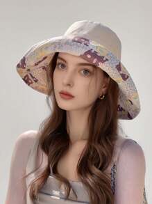 LEAJOURNO. 1pc Reversible Floral Print Sun Hat, Women Spring Summer Large Brimmed Polyester Bucket Hat With Bendable Wire Frame For UV Protection