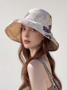 LEAJOURNO. 1pc Reversible Floral Print Sun Hat, Women Spring Summer Large Brimmed Polyester Bucket Hat With Bendable Wire Frame For UV Protection