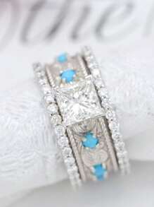 1pc Men's Fashionable Luxury Personalized Square Zirconia & Natural Turquoise Wedding Engagement Party Jewelry Gift Ring