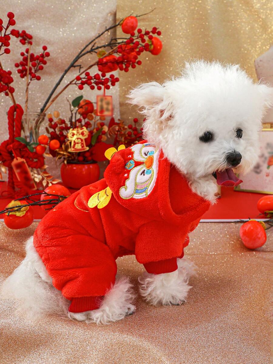 PETCIRCLE 1pc Pet Clothes Dog Cat Winter Warm Soft Comfortable Fleece Apparel, Small Dog 4-Leg Outfit, New Year Chinese Dragon Transformation Costume - Red - View 1