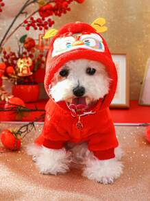 PETCIRCLE 1pc Pet Clothes Dog Cat Winter Warm Soft Comfortable Fleece Apparel, Small Dog 4-Leg Outfit, New Year Chinese Dragon Transformation Costume - Red - View 2