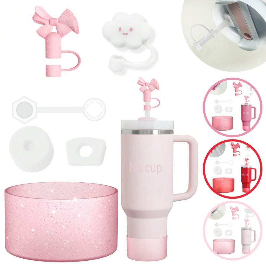 Peony Rose Quartz Chili Cup 6pcs Accessories Set, Including 3 Pcs Silicone Spill Proof Stopper, 2 Pcs Straw Cover Cap For 9-10 Mm Straws, 1 Pc Silicone Boot For Cup For 40oz & 30oz & 20oz Tumbler,Compatible With Tumblers Ice Cup, Models With Iceflow Flip Base - Protective Cover For Sports & Outdoor Activities