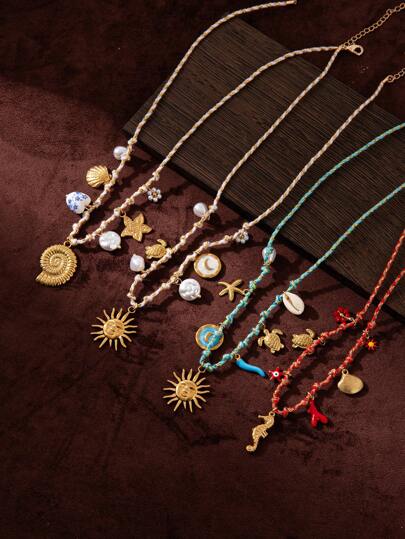 1 Pieza Collar con colgante personalizado de acero inoxidable con nudos, estrellas, sol, luna, coral, estrella de mar y concha, con recubrimiento electrolítico dorado genuino resistente al agua y duradero, regalo para mujeres, joyas para damas, regalo de San Valentín, mamá, madre, Día de la Madre