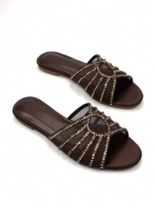 Women's Glamorous Rhinestone Hollow-Out Mesh Decor Chocolate Brown Suede Round Toe Comfortable Casual Party Flat Mules,Spring Summer Outfits - Chocolate Brown - View 2