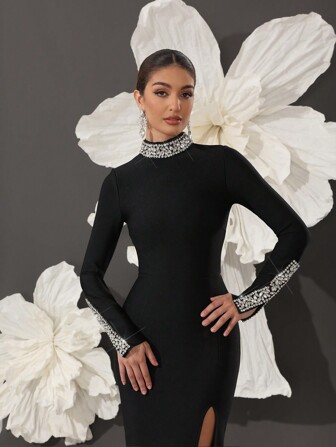 1 件女式纯色长袖绷带紧身开衩晚礼服鸡尾酒会礼服、装饰、婚礼宾客礼服、正式礼服