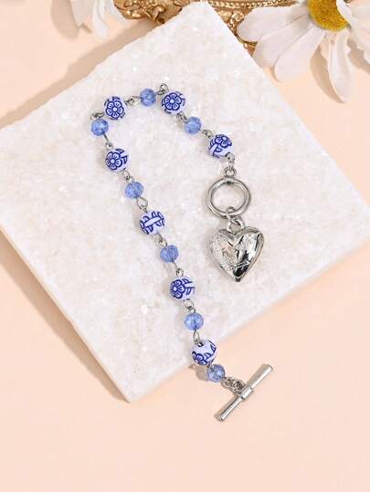 1 件复古花卉和心形陶瓷印花女士手链，百搭日常佩戴，适合送给女朋友、情人节礼物