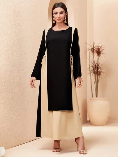 斋月迪拜斋月长袍连衣裙，彩色蝴蝶结二合一女士长袍连衣裙