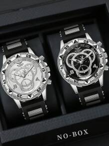 2PCS/Set Men's Black Silicone Strap Fashionable Business Style Quartz Watch, Suitable As A Holiday Gift, Daily Wear