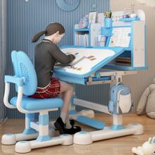 Kids Study Desk & Chair Set, Height Adjustable Children School Study Table Chair Set With Sitting Corrector, Ergonomic Desk Chair With Book Stand, Foot Pedal, Partition Design (Pink, Blue) - Blue - View 2