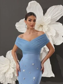 Handmade Beaded Off-Shoulder Bodycon Bandage Dress, Sexy & Fitted, Suitable For Family Gatherings, Parties, Formal Events - Biru - View 8