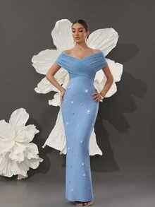 Handmade Beaded Off-Shoulder Bodycon Bandage Dress, Sexy & Fitted, Suitable For Family Gatherings, Parties, Formal Events - Biru - View 5