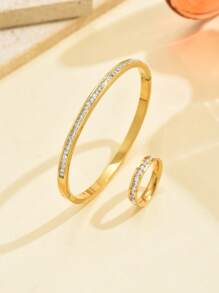 2件套简约复古经典单排钻石手链和戒指不锈钢首饰套装，女士款 - 單排鑽手環+戒指 - 查看 7