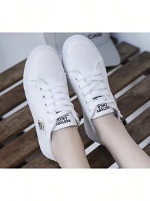 Women's Simple Letter Lace-Up Canvas Shoes, Casual Sports Canvas Shoes, Breathable And Versatile - 白色 - 查看 4