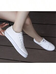 Women's Simple Letter Lace-Up Canvas Shoes, Casual Sports Canvas Shoes, Breathable And Versatile - 白色 - 查看 5