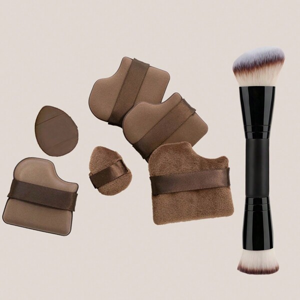 Set de 7 brochas de maquillaje con doble cabezal, multi-funcionales para polvos, sombras de ojos, con alto brillo, de reparación, portátiles, herramientas de belleza mezcladas con líquido, polvos, correctores y esponjas de maquillaje en color chocolate