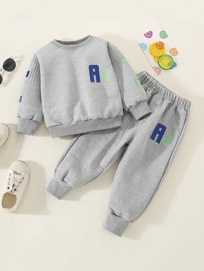 Hibobi 2 piezas Conjunto de sudadera con letras para niños, conjunto deportivo informal, adecuado para niños de 1 a 6 años para vestir en primavera y otoño