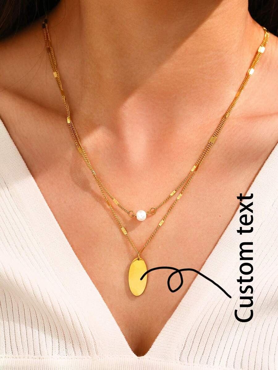 DIY Engraved Text Layered Necklace For Women With Pearl Pendant Choker - Multicolor - View 1