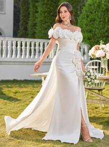UNITHORSE 1 chiếc váy cưới hở vai, tay bồng, eo thon, dáng chữ A tối giản, váy cưới bằng lụa satin họa tiết hoa 3D, trang phục dự tiệc toàn màu trắng cho nữ - trắng - Xem 6