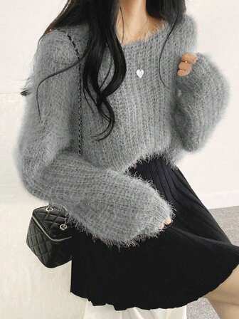 Women's Solid Gray Long Sleeve Pullover Sweater, Casual Daily,Long Sleeve Tops