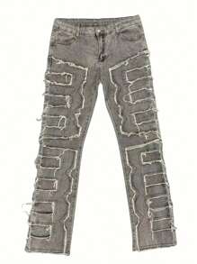 Men's Creative Fringe Straight Leg Jeans, Men's Casual Medium Stretch Street Style Hip Hop Barrel Jeans