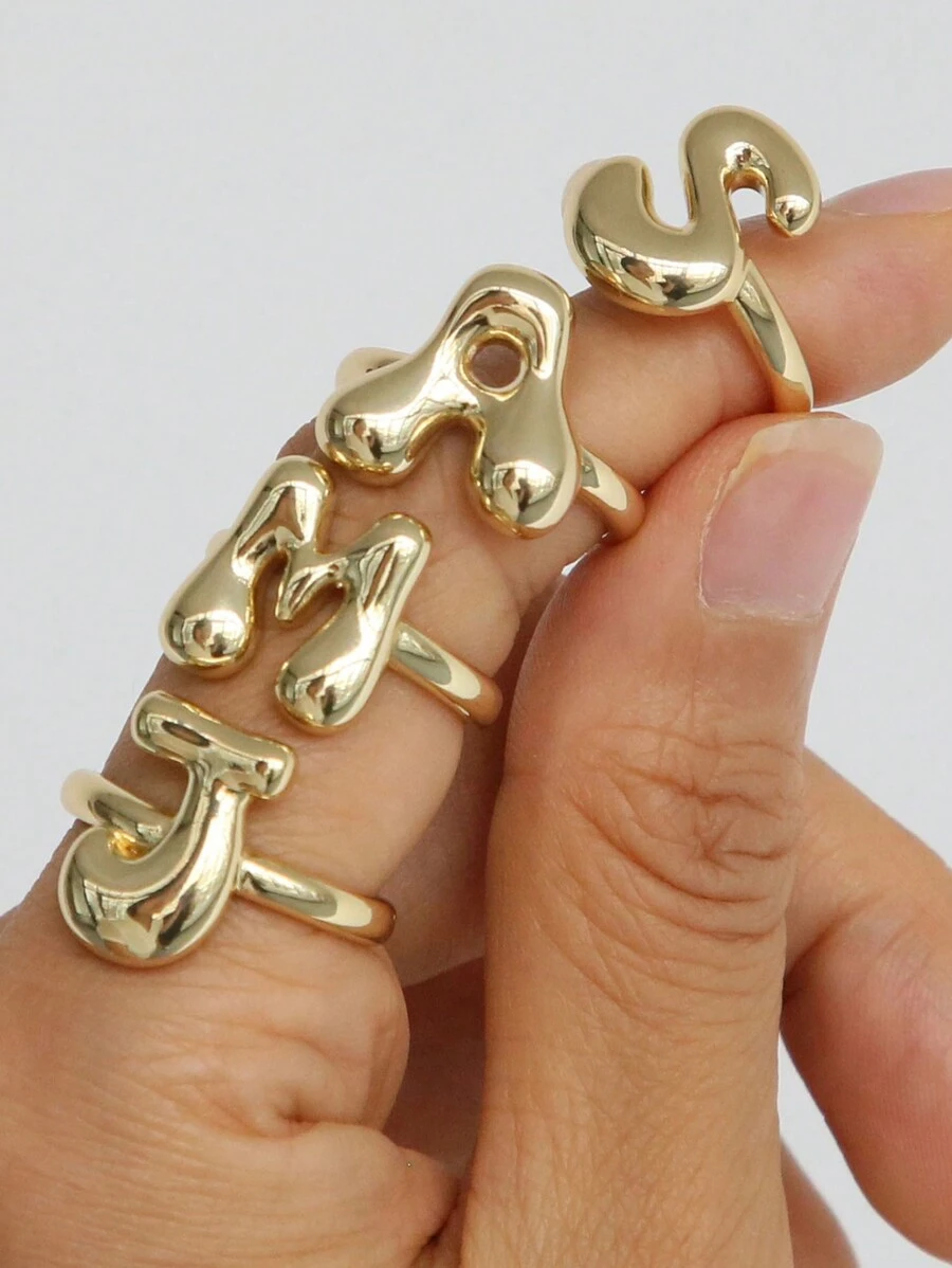 Bubble Cute 26 Letters Ring For Women Balloon Gold Plated Zirconia A-Z Letters Open Adjustable Ring Aesthetic Wedding Jewelry Gift - Gold - View 1