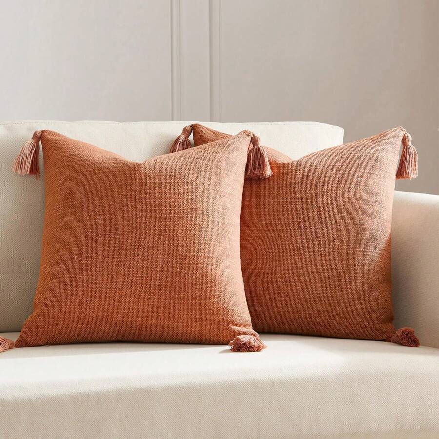 1pc Boho Style Solid Color Tasseled Throw Pillow Cover, Suitable For Sofa And Bed - Orange - View 1