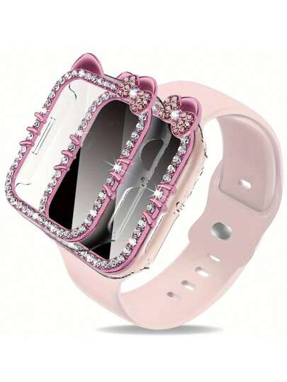 1 件可爱卡通猫设计 Apple 手表表壳，无屏幕保护膜，直接触摸屏无延迟，闪亮钻石装饰，兼容 Apple Watch SE/8/7/6/5/4/3/2/1，防震/防刮保护套，适用于 40/41/44/45/38mm/42mm/46mm Apple Watch，女款钻石闪亮系列