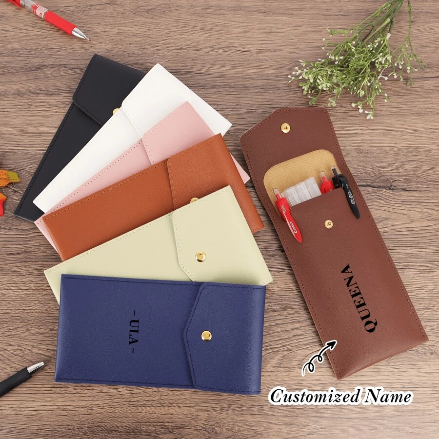 1 pieza Estuche de piel personalizado con nombre hecho a mano, bolsa de almacenamiento multifuncional personalizada, bolsa para pinceles de maquillaje, estuche para lápices, útiles escolares - Multicolor - Ver 1