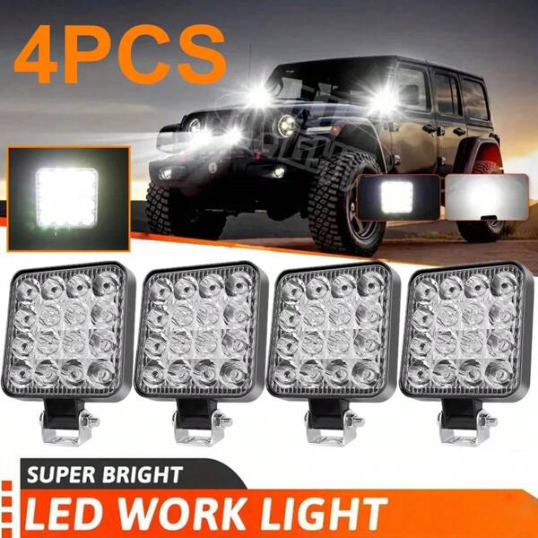 12V 4PCS 4800 Lumens Square LED Work Light Pods Spot Lights For Truck Off Road 4X4 Tractor Fit For Off Road, Heavy Duty, SUV, ATV, UTV, Truck, Car, Boat