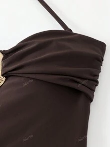 Allurini Traje de baño de una pieza en unicolor, de pecho plisado, sexy, con tirantes desmontables y decoración metálica para el verano