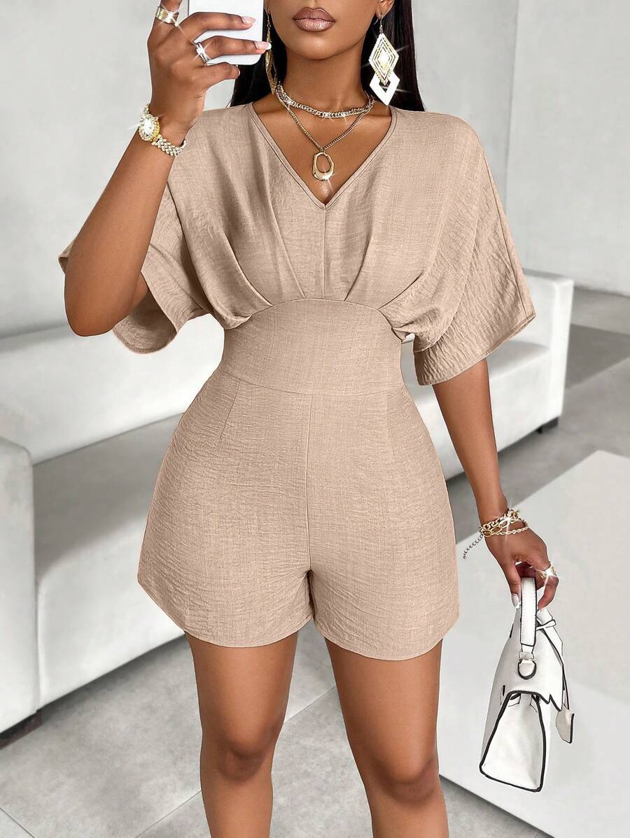 AIJ Amarilo 女士优雅纯色 V 领蝙蝠袖荷叶边休闲连体裤，夏季