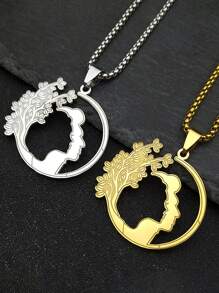 Collar con colgante de cara y luna de árbol para mujeres y hombres, de acero inoxidable en color oro y plata, joyería de regalo