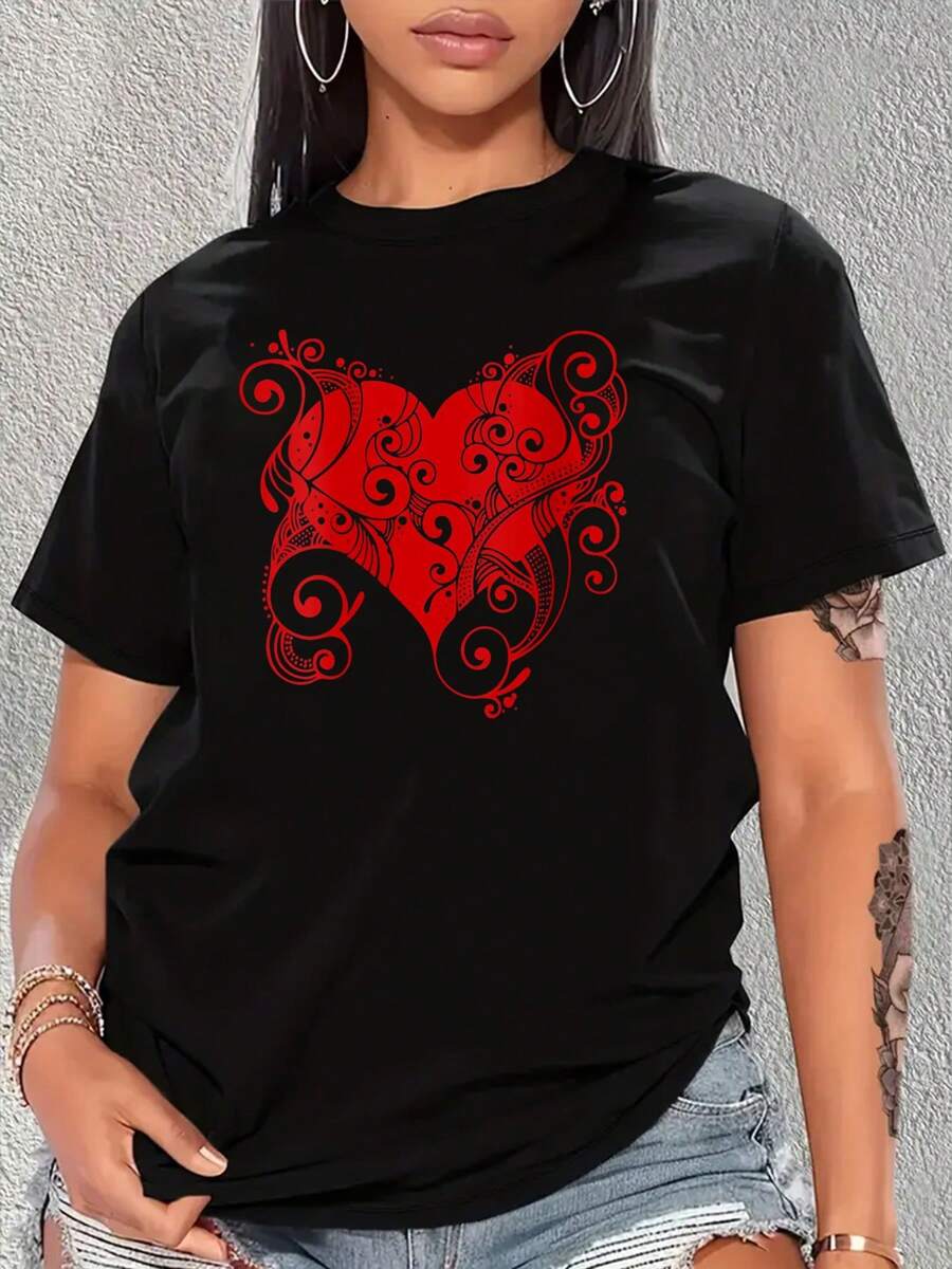 Wowomens Beautiful Ornate Heart Celebrate Love And Valentine's Day V-Neck T-Shirt Print Crew Neck T-Shirt, Women Graphic T Shirts, Casual Short Sleeve T-Shirt For Spring & Summer, Women's Clothing