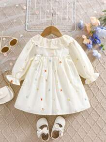 1 pezzo Vestito casual e ampio da ragazza ricamato con ricami floreali, orlo increspato, medio lunghezza, adatto per uso all'aperto/vacanze/feste, primavera/estate