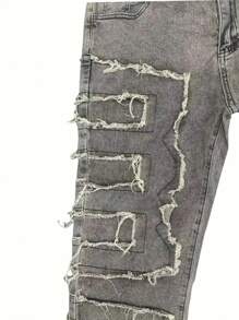 Men's Creative Fringe Straight Leg Jeans, Men's Casual Medium Stretch Street Style Hip Hop Barrel Jeans