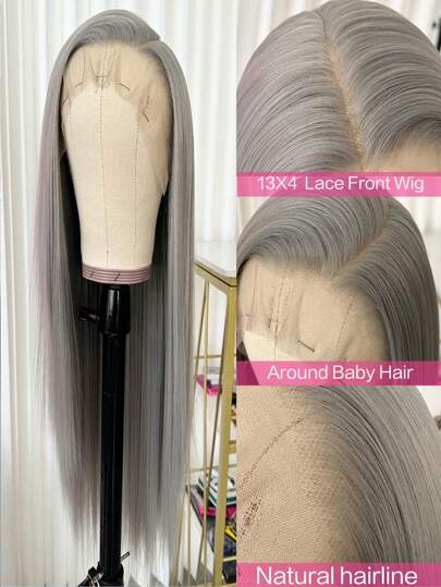 13x4 Lace Front 26 Inch Grey Straight Synthetic Wig, Lace Front Pre-Plucked Hairline Heat Resistant Fiber Hair, Silky Straight Wig For Women, Cosplay, Party, Daily Use
