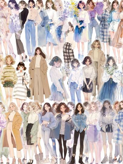 50张时尚女孩半透明贴纸，风格清新，PET材质，防水，适用于头盔装饰、信封贴、汽车装饰、派对装饰、标签贴、自粘贴纸，适用于剪贴簿、笔记本电脑、行李箱、吉他、水瓶、手机壳，时尚装饰