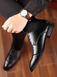 Men's Business Formal Pointy Toe Leather Shoes, Korean Fashion Work Oxfords, Versatile & British Style - Black - View 4