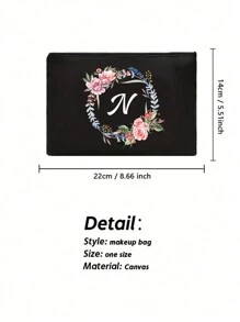 1 件首字母印花女士化妆包，黑色小包，印有花环和字母 A-Z，化妆包，便携式洗漱包，教师节礼物，可重复使用的化妆包，女士简约大容量旅行化妆包，波西米亚风