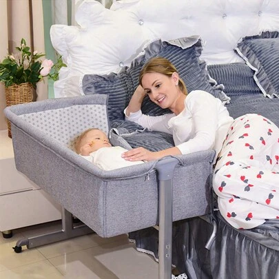 Zusatzbett für Neugeborene 0-3 Jahre, beweglicher Ständer mit Rollen und Moskitonetz,  Beistellbett für Babys,  Babypflege 96 x 57 x 77 cm, Aluminiumlegierung aus der Luftfahrt, Baumwolle und Leinen, Ständer max. Belastung 60 kg, geräuscharme Rollen
