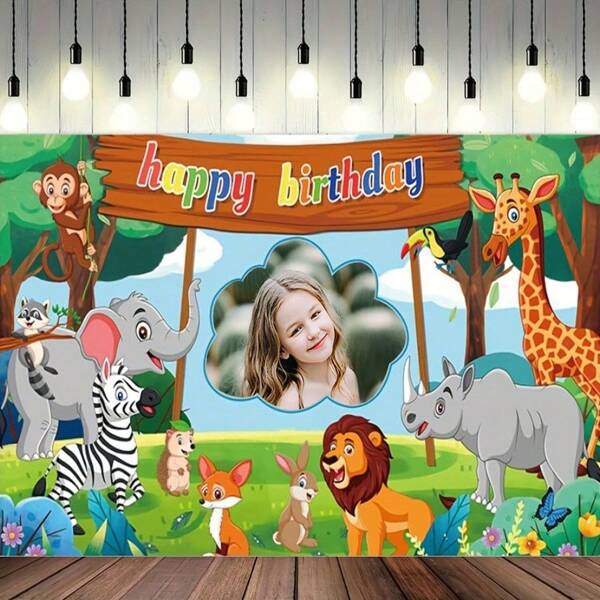 Customized Personalized Happy Birthday Banner, Animal Birthday Party Backdrop - Customize Your Photo Or Name - Indoor/Outdoor Porch Decor, Birthday And Anniversary Party Photo Booth Background