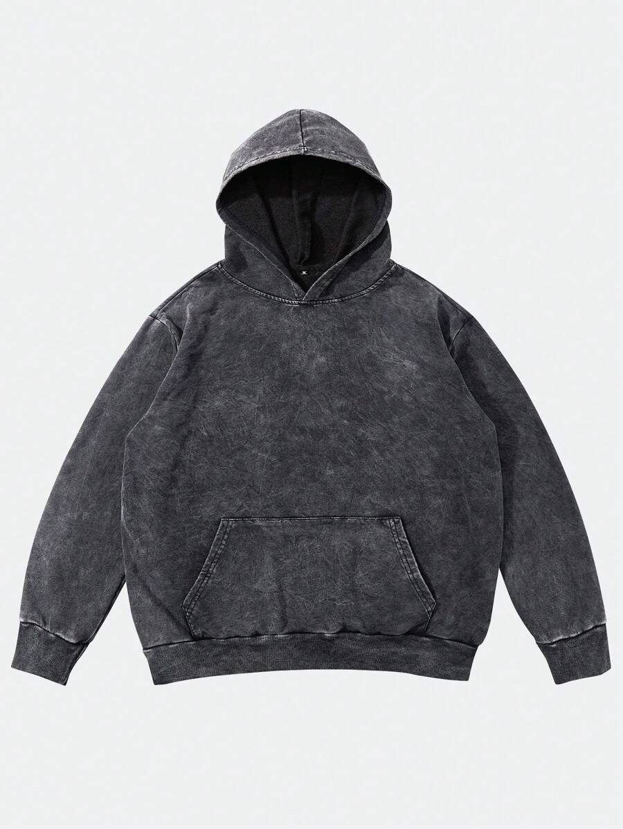 Shwiy Men's Autumn Fashionable Street Washed Distressed Effect Kangaroo Pocket Hoodie, Spring/Autumn Dark Style Long Sleeve Sweatshirt Suitable For Casual Daily And Street Wear - Black - View 1