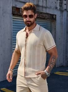 Men's Casual Solid Color Single-Breasted Short Sleeve Knitted Top, Spring & Summer - Apricot - View 4