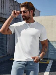 Men's Solid Color Polo Button Knitted Short Sleeve Top, Casual Henley Collar Shirt